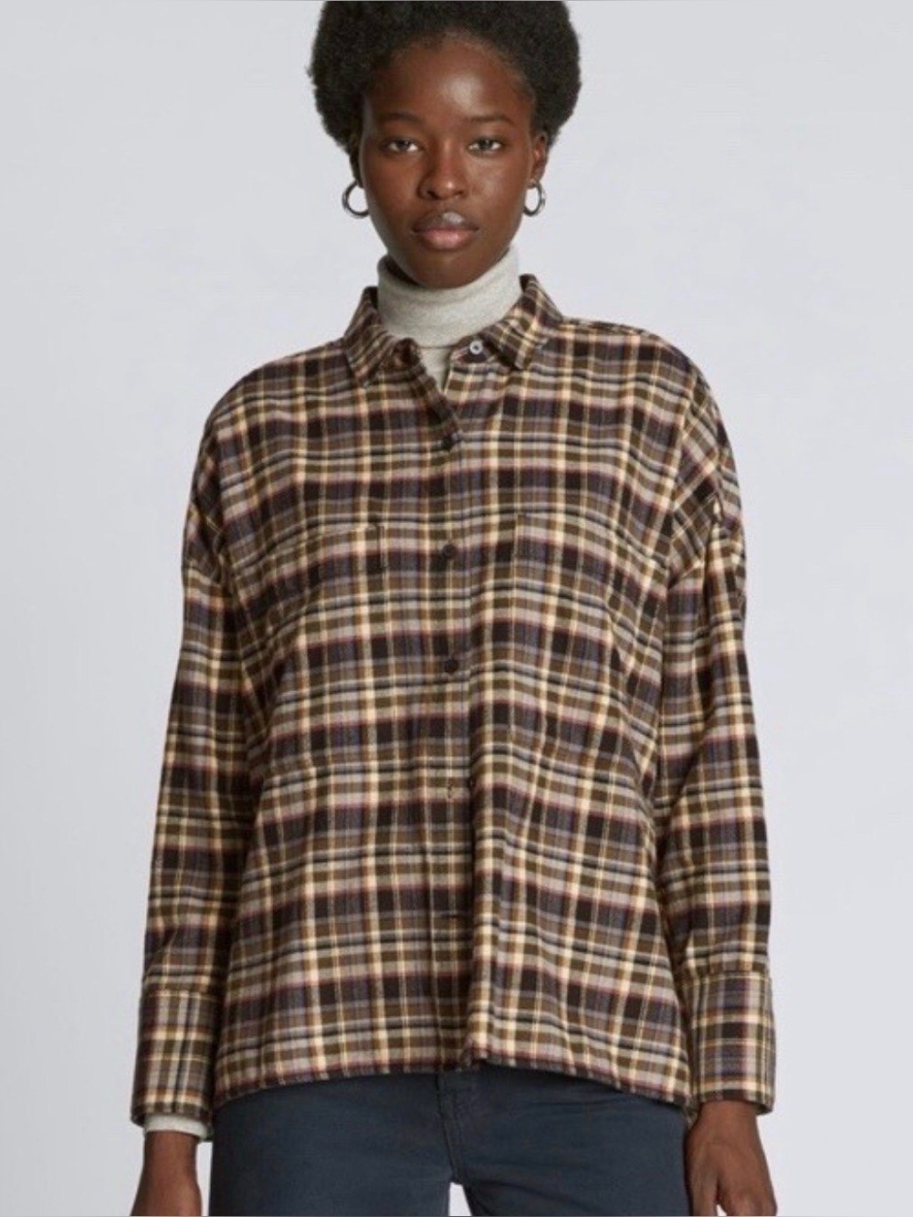 NWT Everlane Button Down Brown Plaid Boxy Flannel Size S